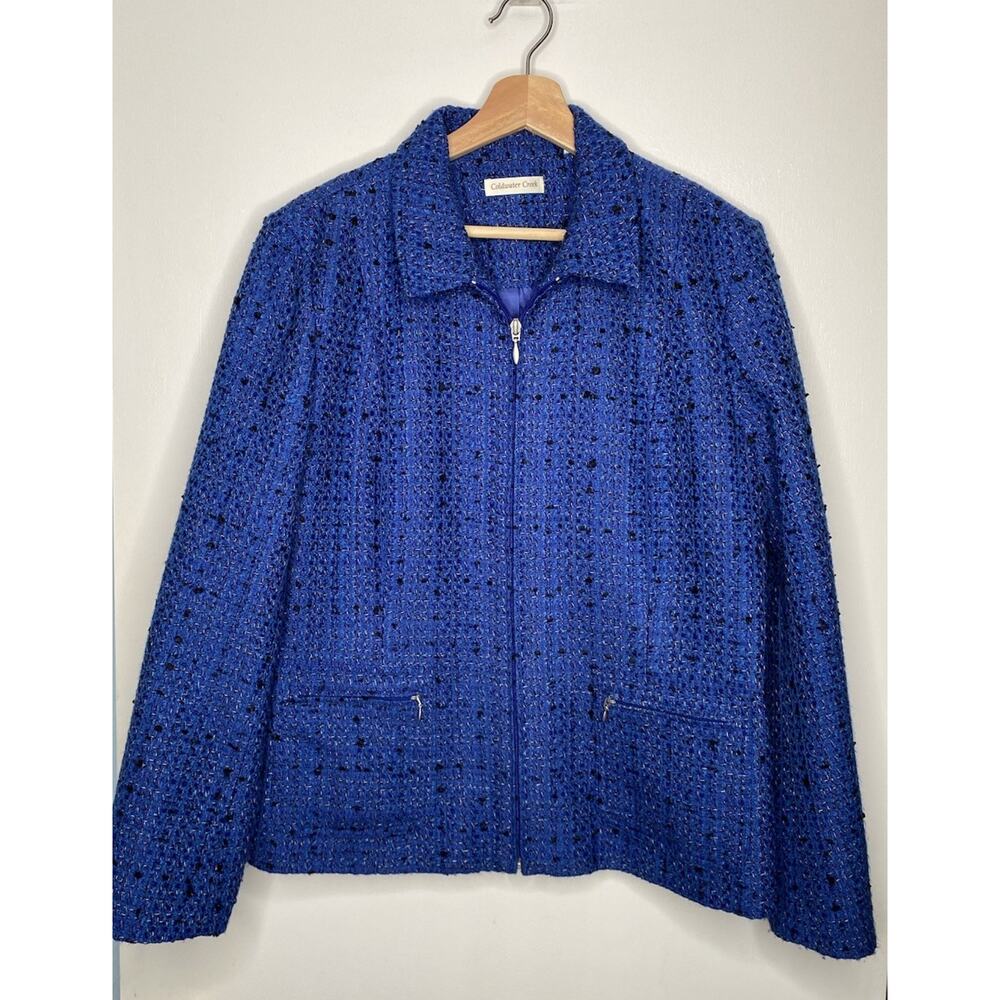 COLDWATER CREEK BOUCLÉ ZIP BLAZER – WOMEN’S SIZE 14 (BLUE/BLACK)